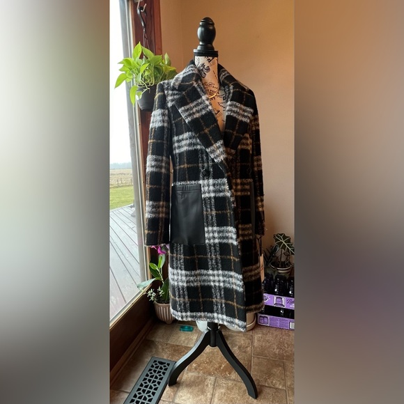 Calvin Klein Jackets & Blazers - NWT Calvin Klein Plaid Faux-Leather-Pocket Walker Coat Wool Blend Black XXS